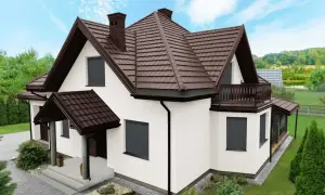 Biały dom z brązowym dachem i antracytową elewacją, otoczony zielenią.