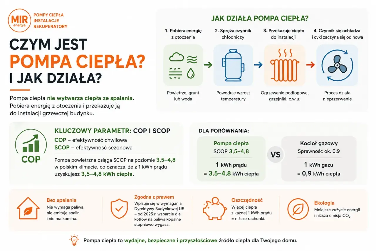 Pompa ciepła pobiera energię z otoczenia, by ogrzać dom. Jest ekologiczna i oszczędna.