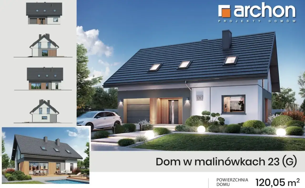 Projekt domu "Dom w Malinówkach 23 (G)" z wizualizacją i przekrojami. Poznaj etapy budowy domu i kosztorys.
